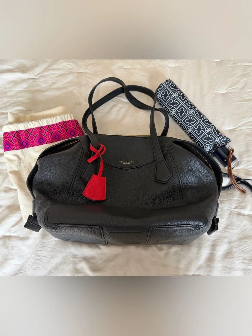 Tory Burch Black Pebbled Leather Tote with Red Tag Accent